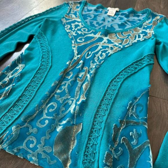 Vtg Cache Silk Cashmere Long Sleeve Shirt Blue Sheer Lace Velvet Blouse Medium - Picture 2 of 9